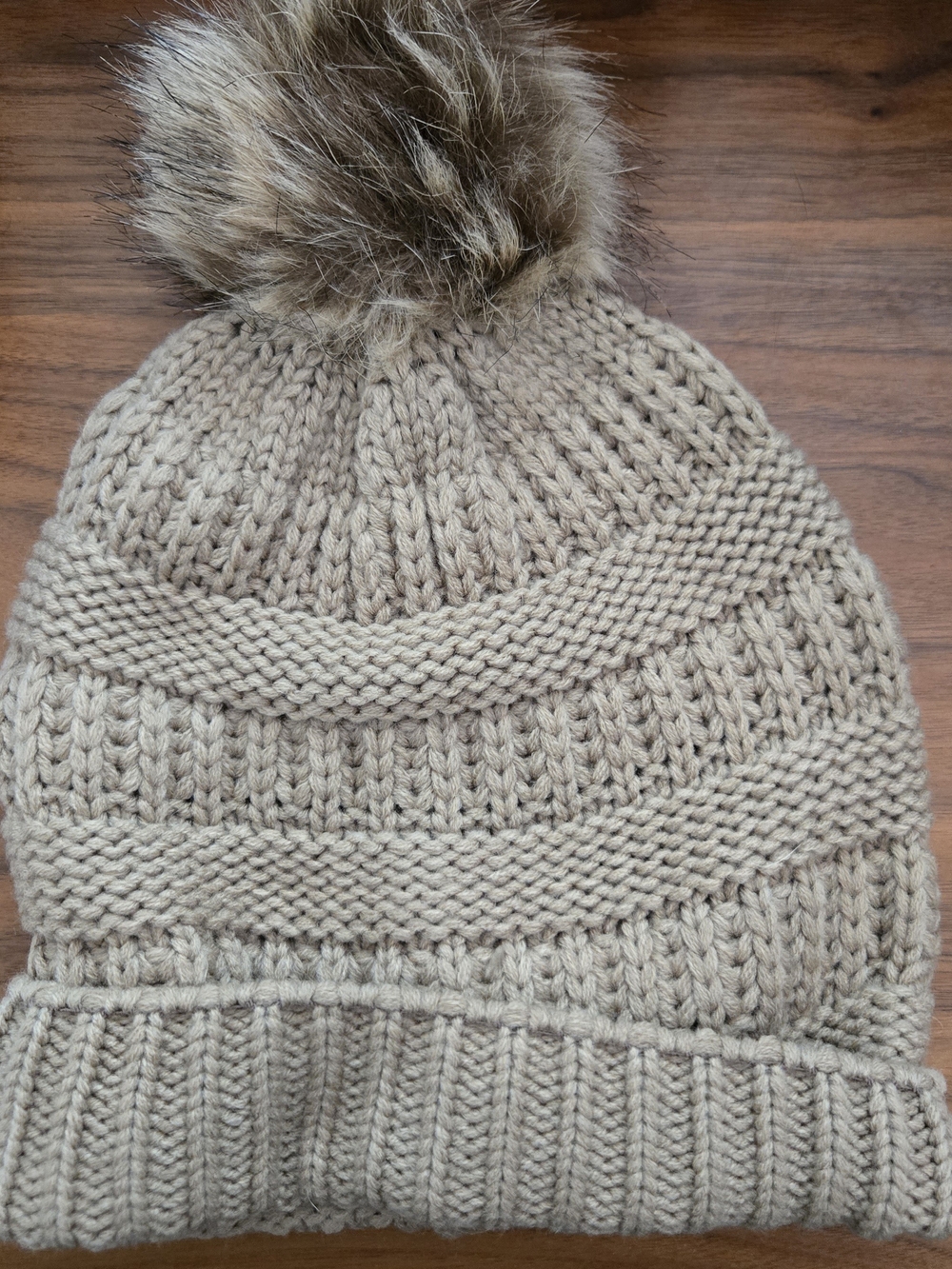 Beige Knit Pom-Pom Winter Beanie